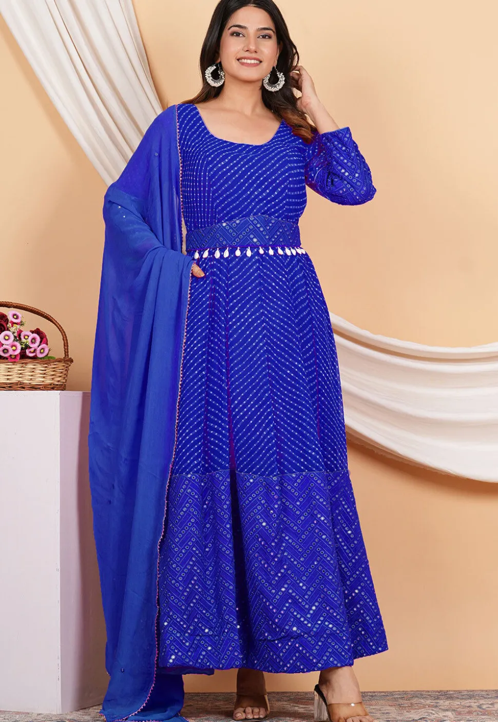 Leheriya Printed Georgette Anarkali Suit in Royal Blue