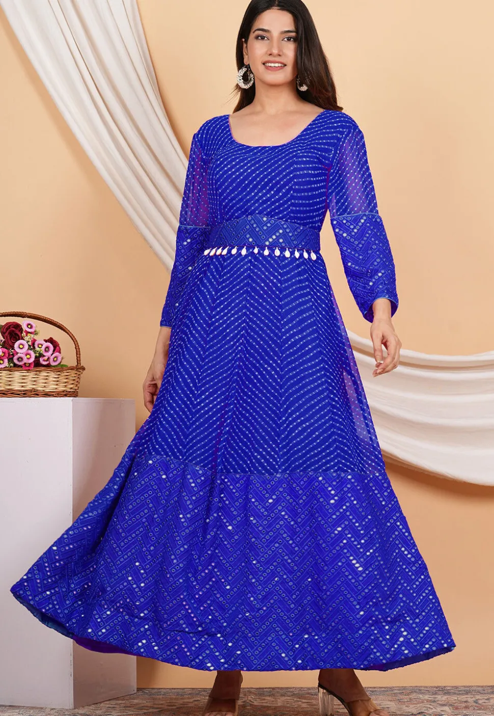 Leheriya Printed Georgette Anarkali Suit in Royal Blue