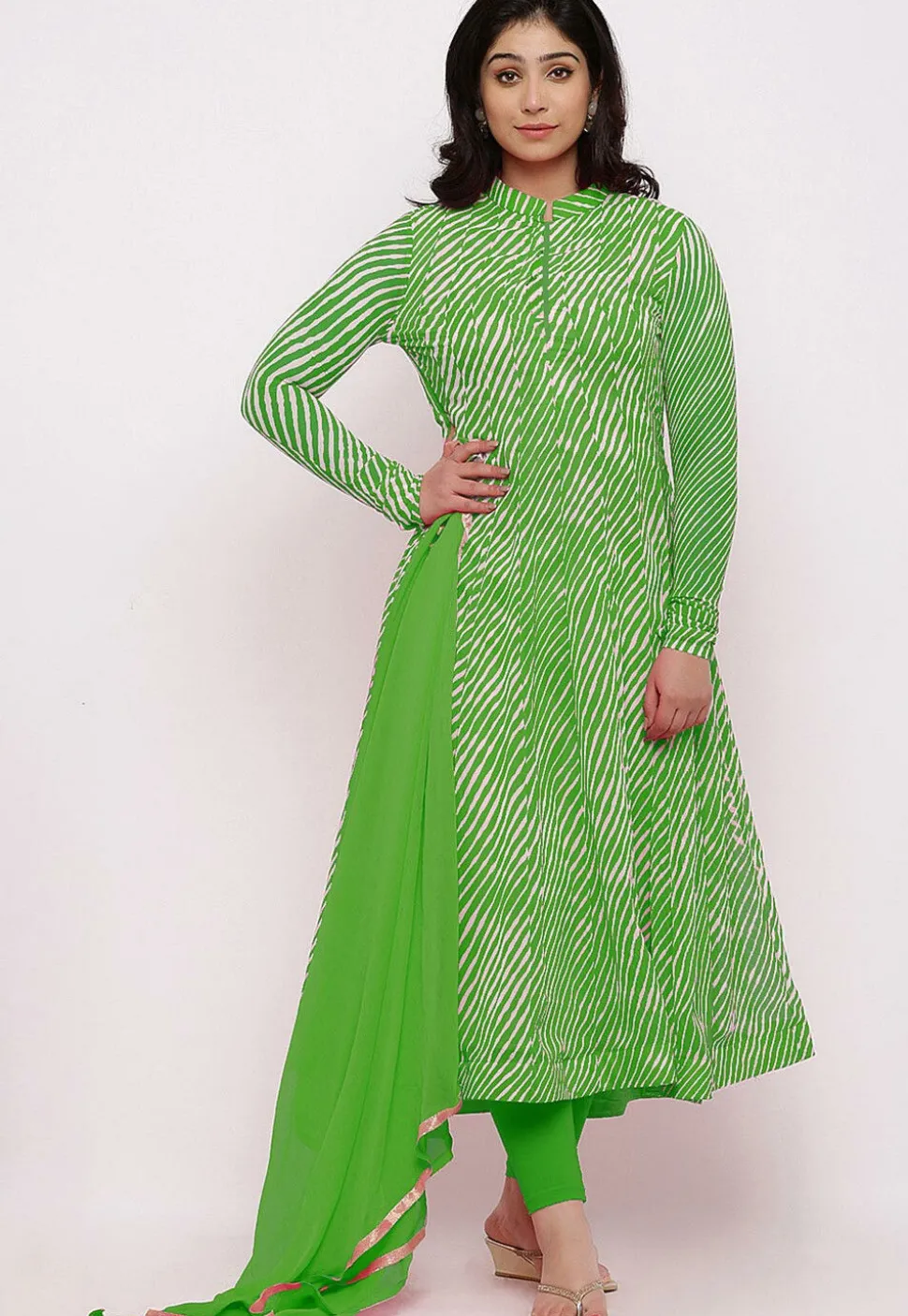 Leheriya Printed Georgette Anarkali Suit in Parrot Green