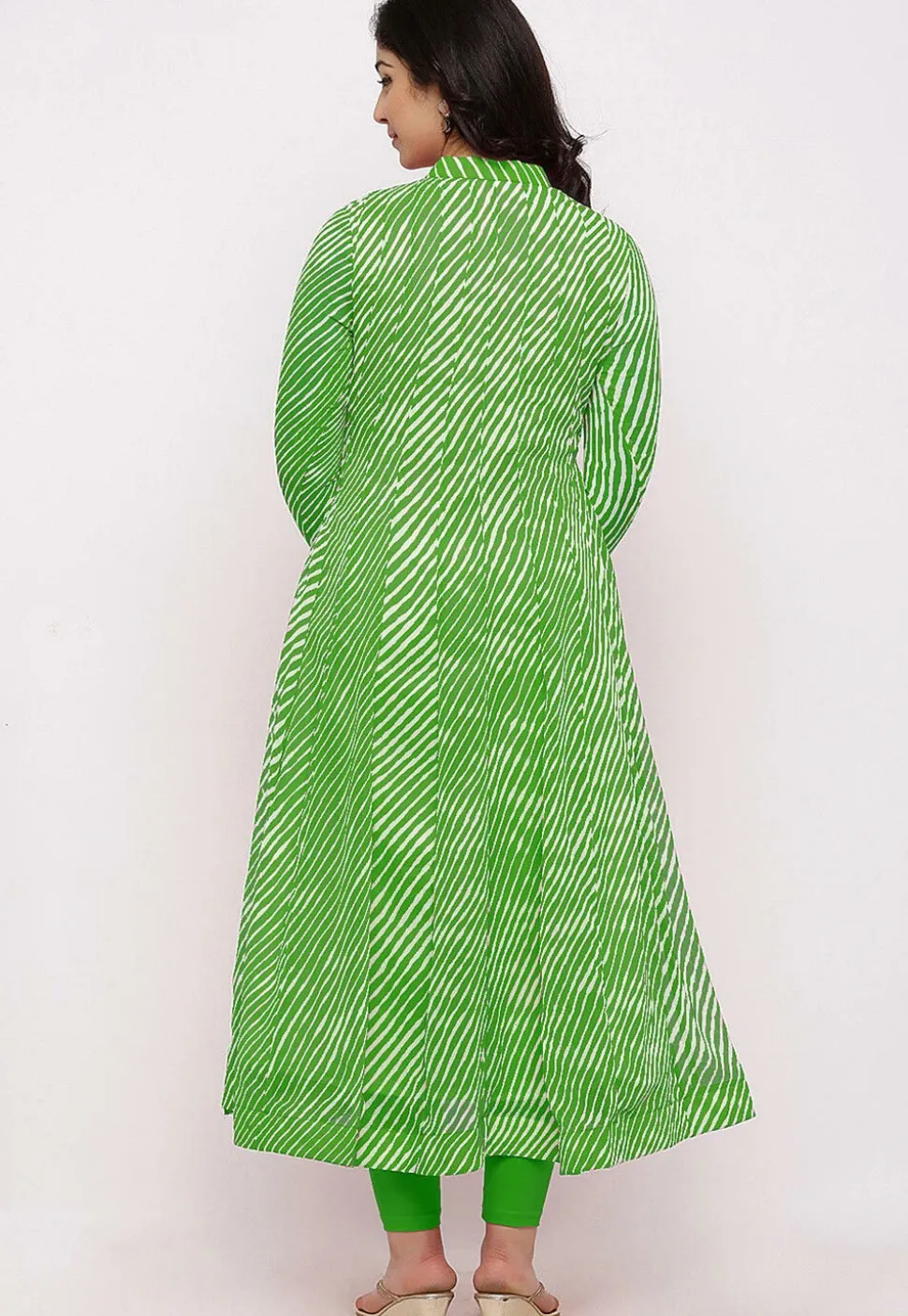 Leheriya Printed Georgette Anarkali Suit in Parrot Green