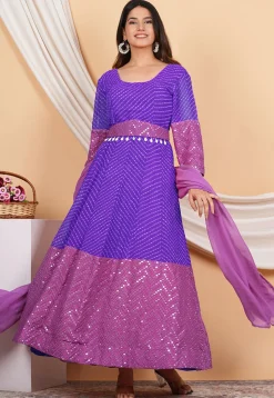 Leheriya Printed Georgette Anarkali Suit in Purple and Light Purple