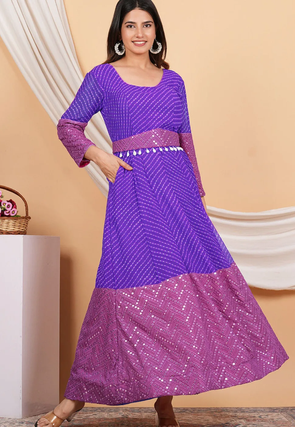 Leheriya Printed Georgette Anarkali Suit in Purple and Light Purple