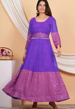 Leheriya Printed Georgette Anarkali Suit in Purple and Light Purple
