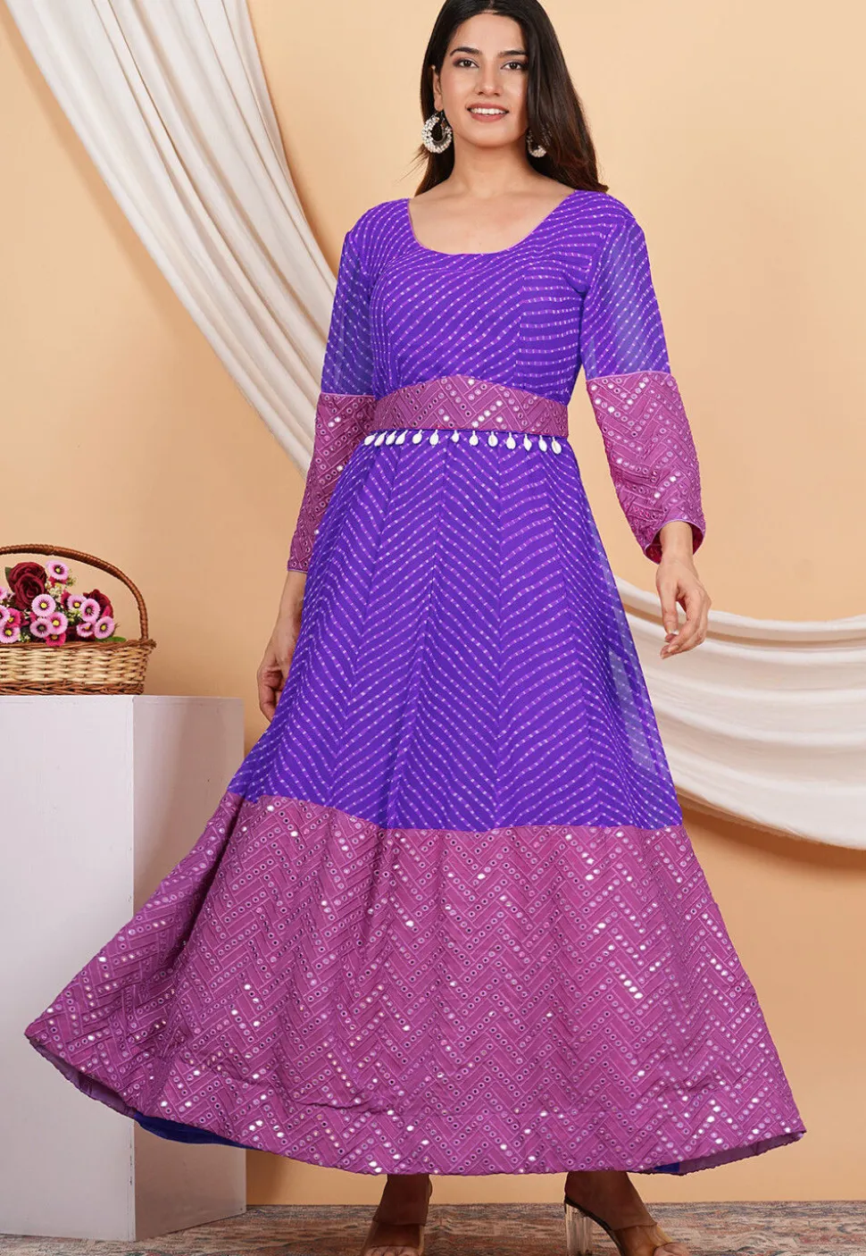 Leheriya Printed Georgette Anarkali Suit in Purple and Light Purple