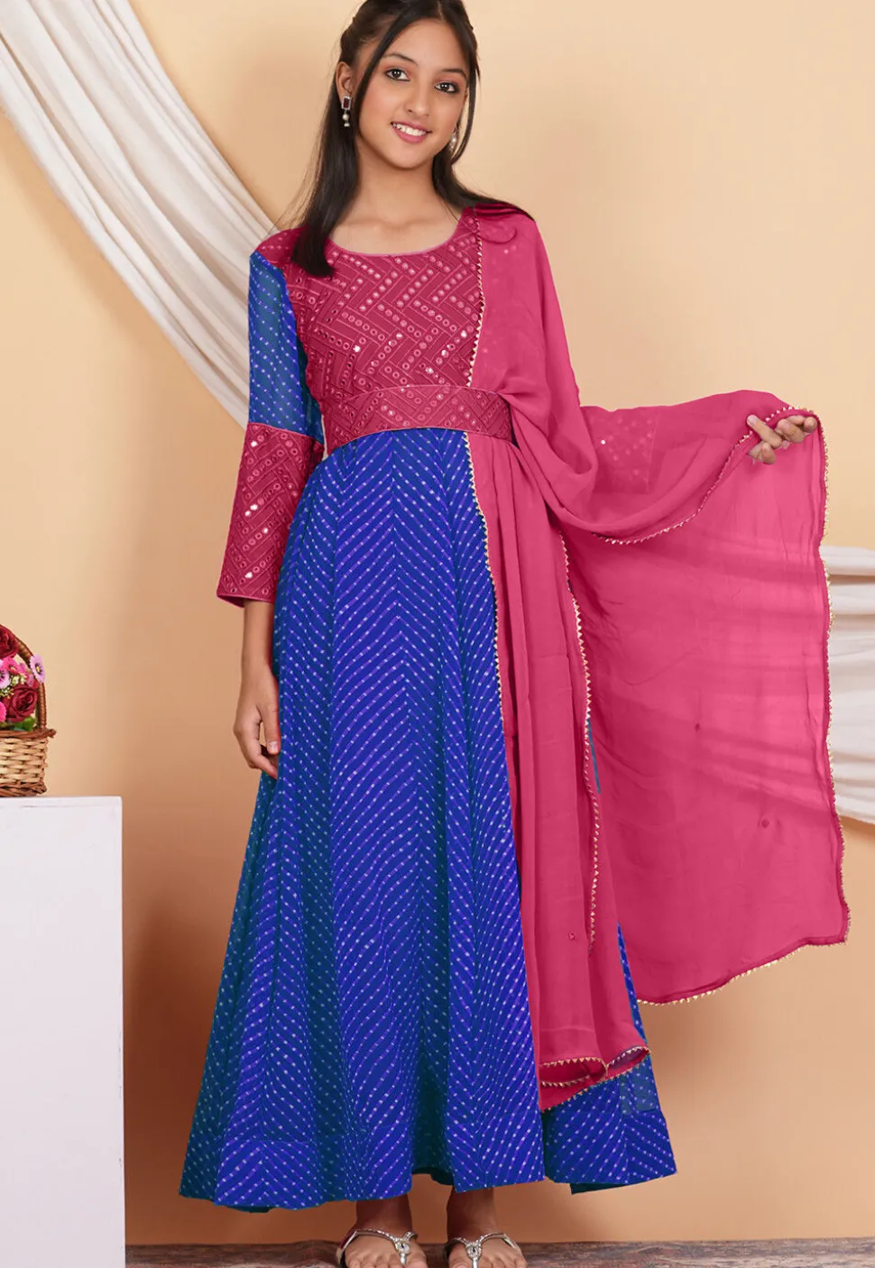Leheriya Printed Georgette Abaya Style Suit in Blue and Pink