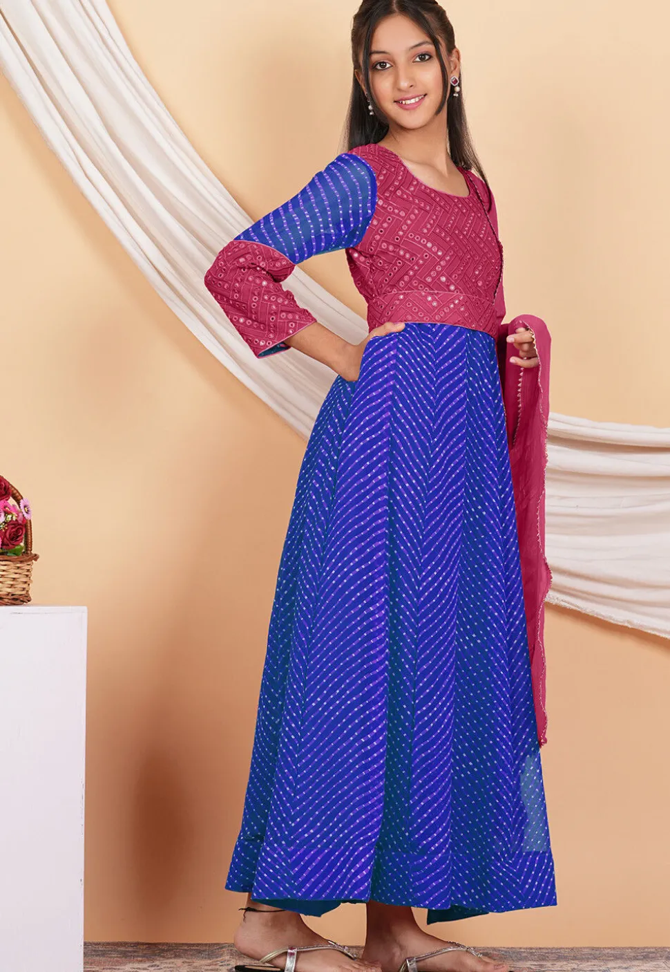 Leheriya Printed Georgette Abaya Style Suit in Blue and Pink