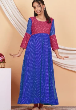 Leheriya Printed Georgette Long Kurta Set in Blue and Pink