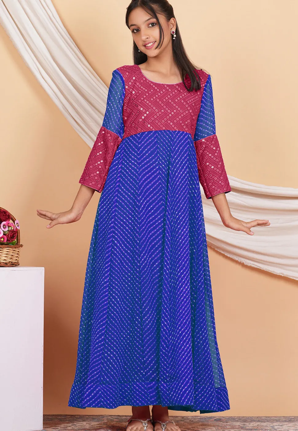 Leheriya Printed Georgette Long Kurta Set in Blue and Pink