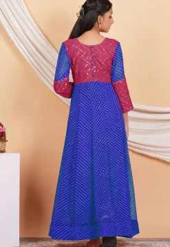 Leheriya Printed Georgette Long Kurta Set in Blue and Pink