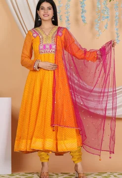 Leheriya Printed Georgette Anarkali Suit in Mustard