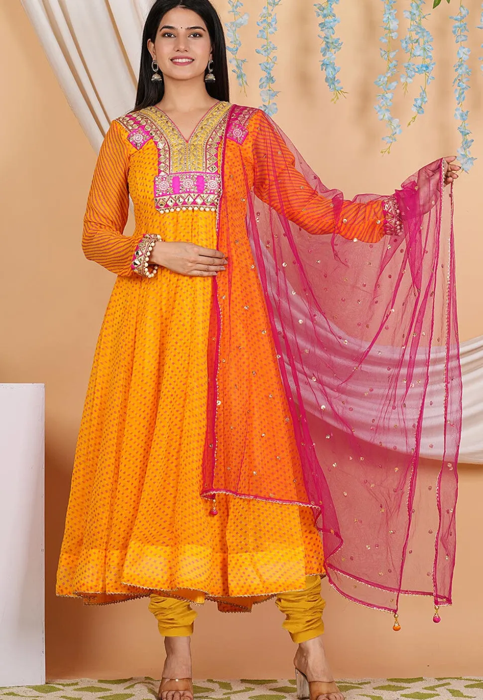 Leheriya Printed Georgette Anarkali Suit in Mustard