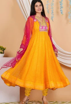 Leheriya Printed Georgette Anarkali Suit in Mustard