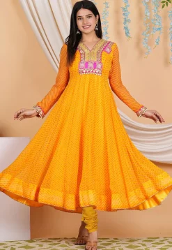 Leheriya Printed Georgette Anarkali Suit in Mustard