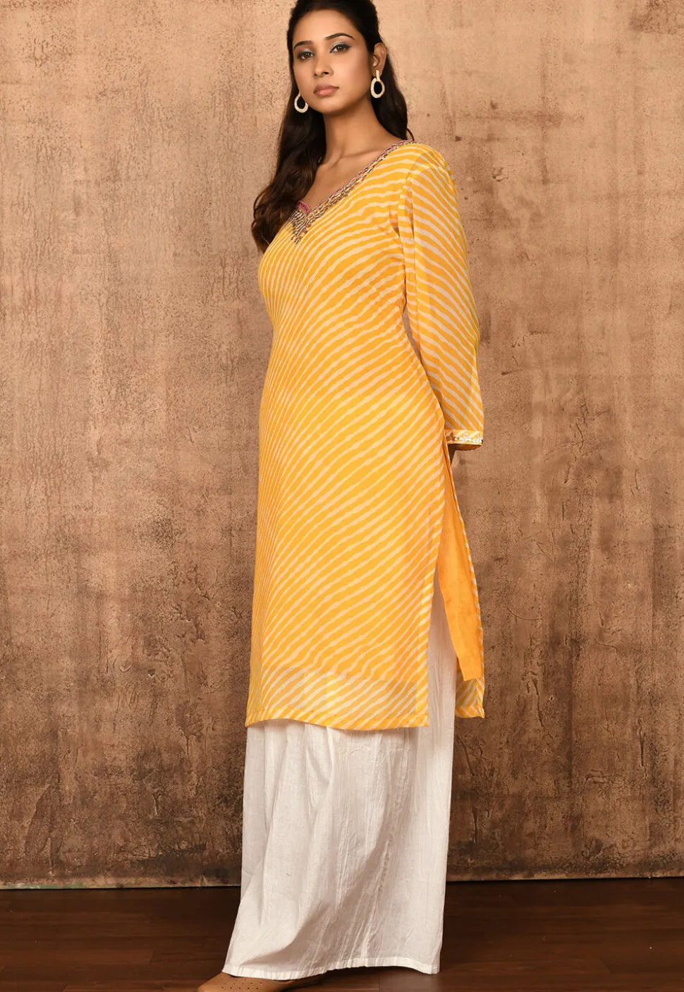 Leheriya Printed Georgette Straight Kurta Set in Mustard