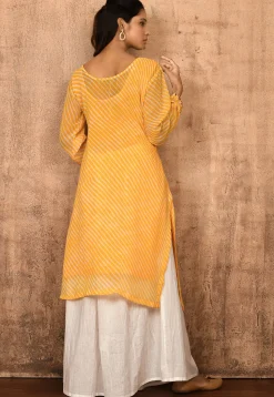 Leheriya Printed Georgette Straight Kurta Set in Mustard