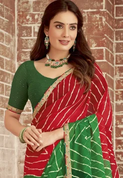 Leheriya Printed Georgette Saree in Red and Green