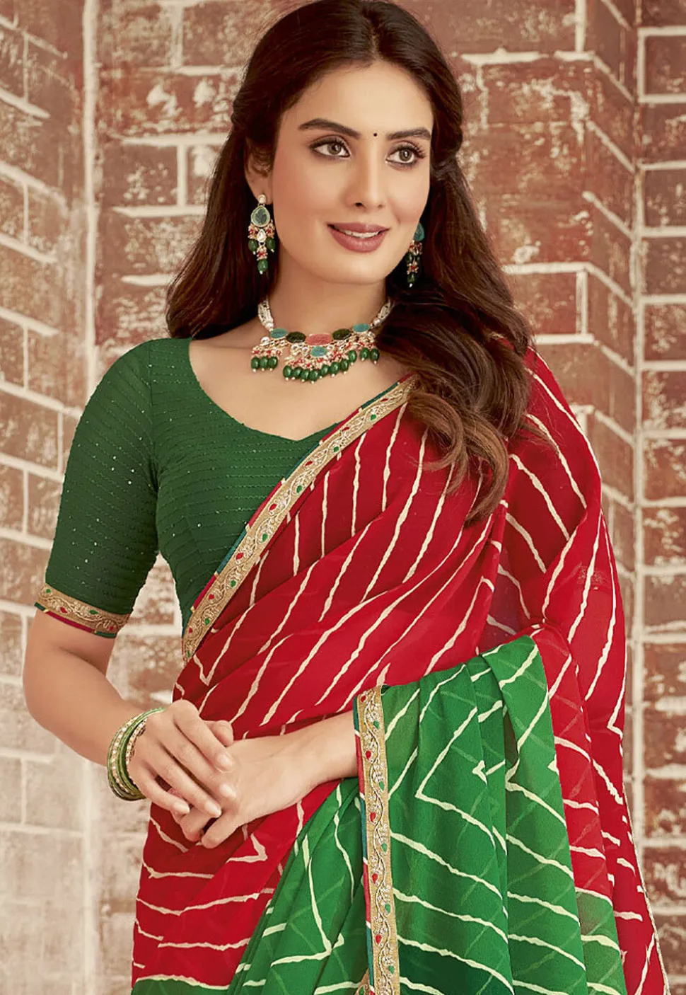 Leheriya Printed Georgette Saree in Red and Green