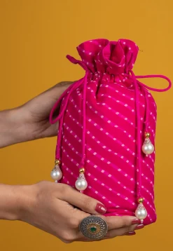 Leheriya Printed Georgette Potli Bag in Fuchsia
