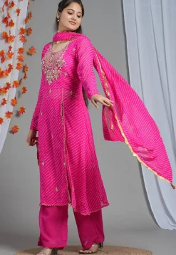 Leheriya Printed Georgette Aline Suit in Fuchsia