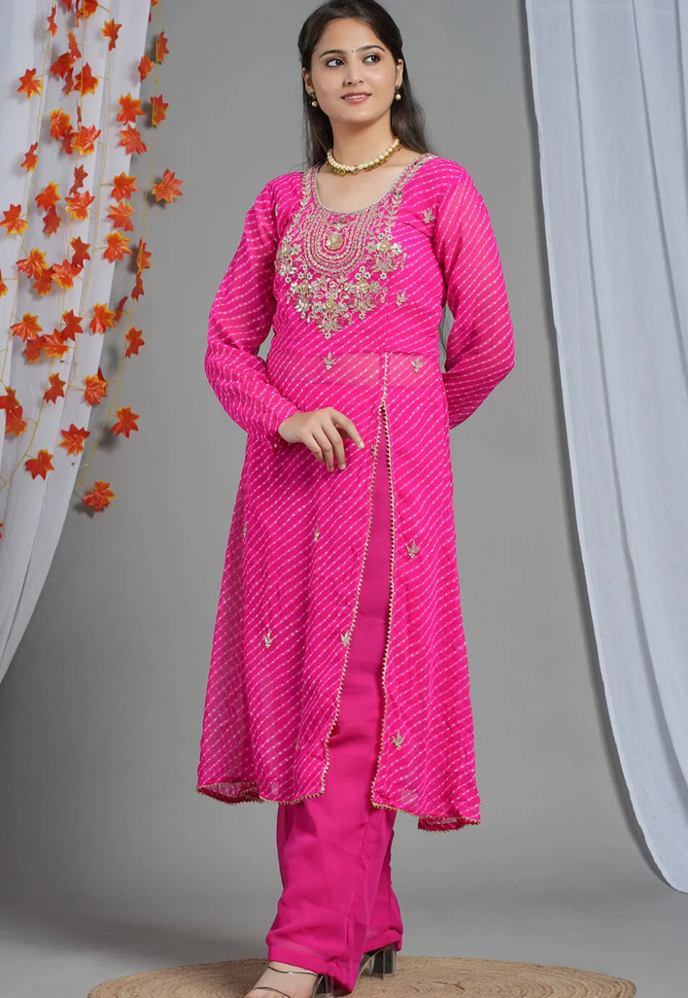 Leheriya Printed Georgette Aline Suit in Fuchsia