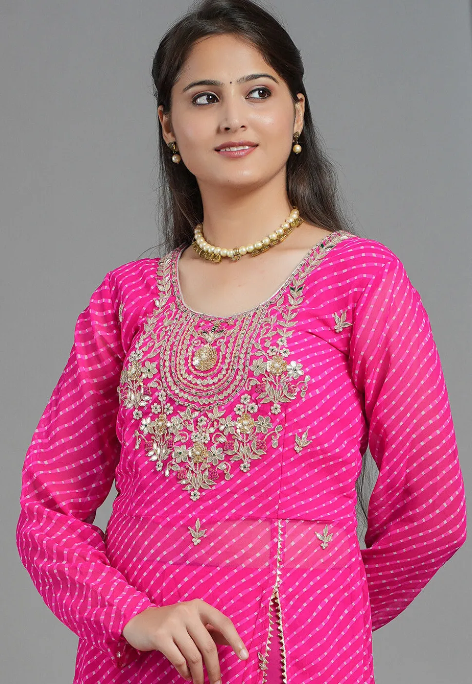 Leheriya Printed Georgette Aline Suit in Fuchsia