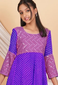 Leheriya Printed Georgette Long Kurta Set in Purple