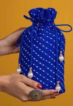 Leheriya Printed Georgette Potli Bag in Royal Blue