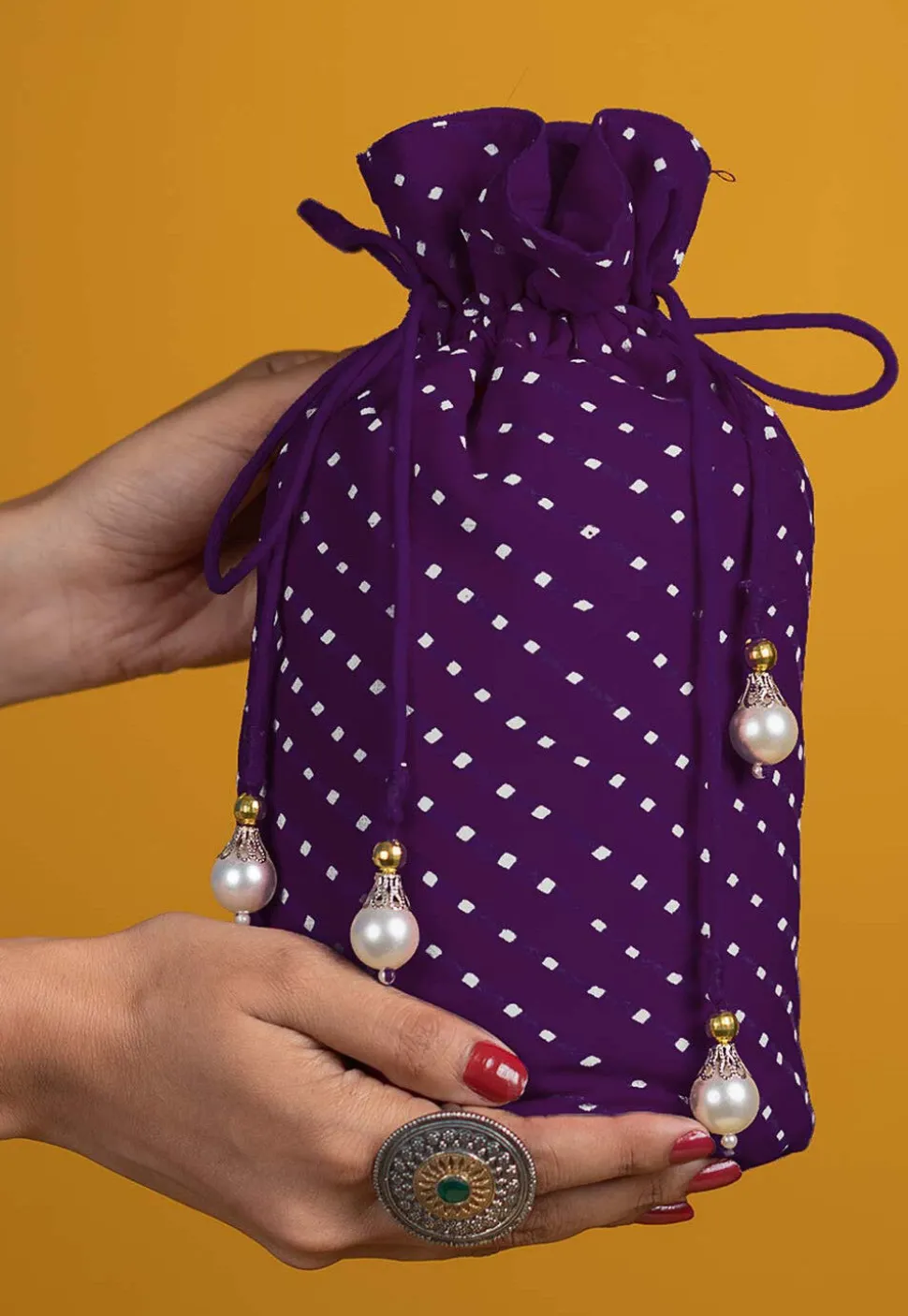 Leheriya Printed Georgette Potli Bag in Purple