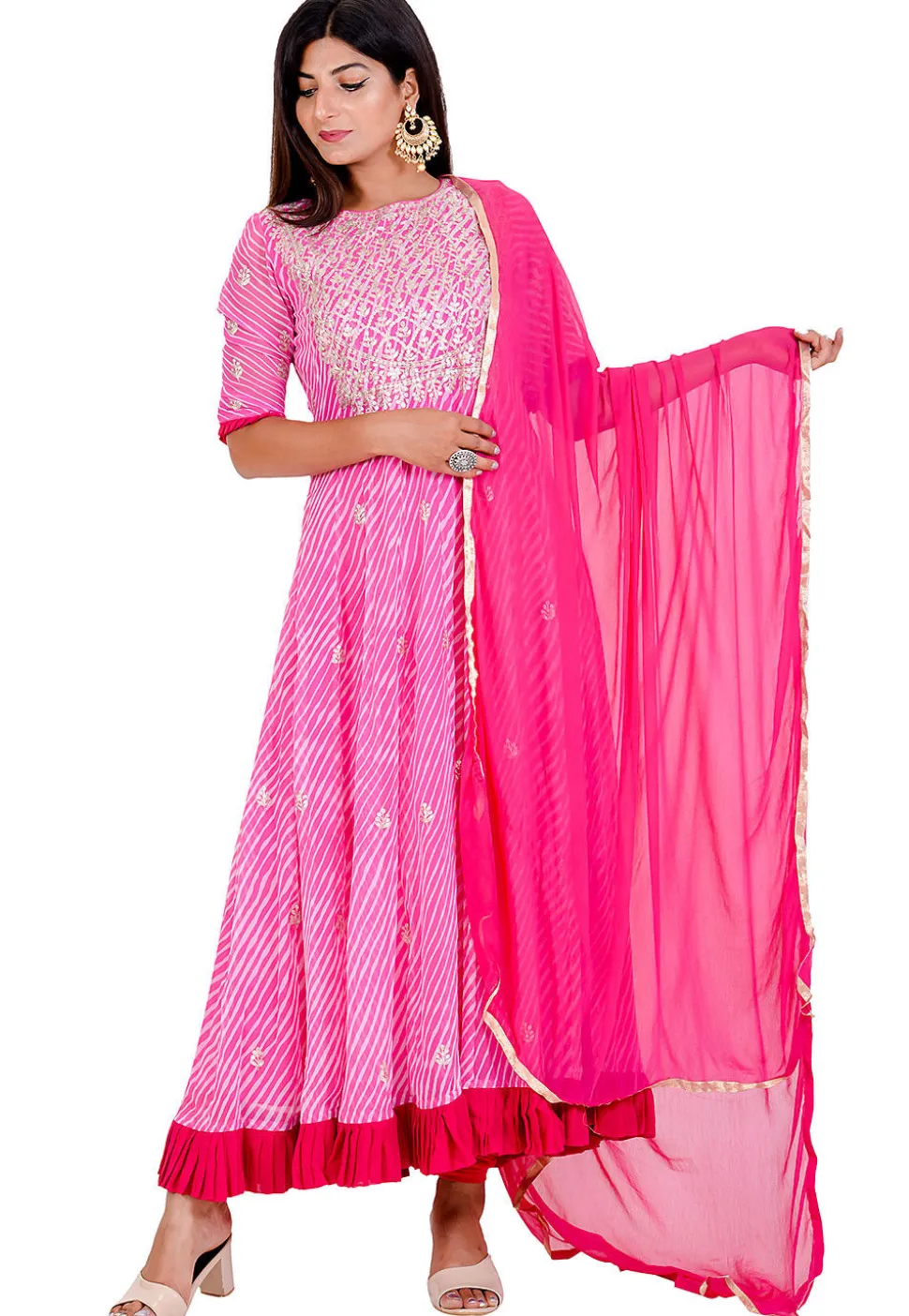 Leheriya Printed Georgette Anarkali Suit in Pink