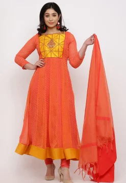 Leheriya Printed Georgette Anarkali Suit in Peach