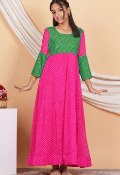 Leheriya Printed Georgette Abaya Style Suit in Fuchsia and Green