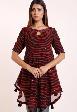 Leheriya Printed Georgette Asymmetric Tunic in Black and Red