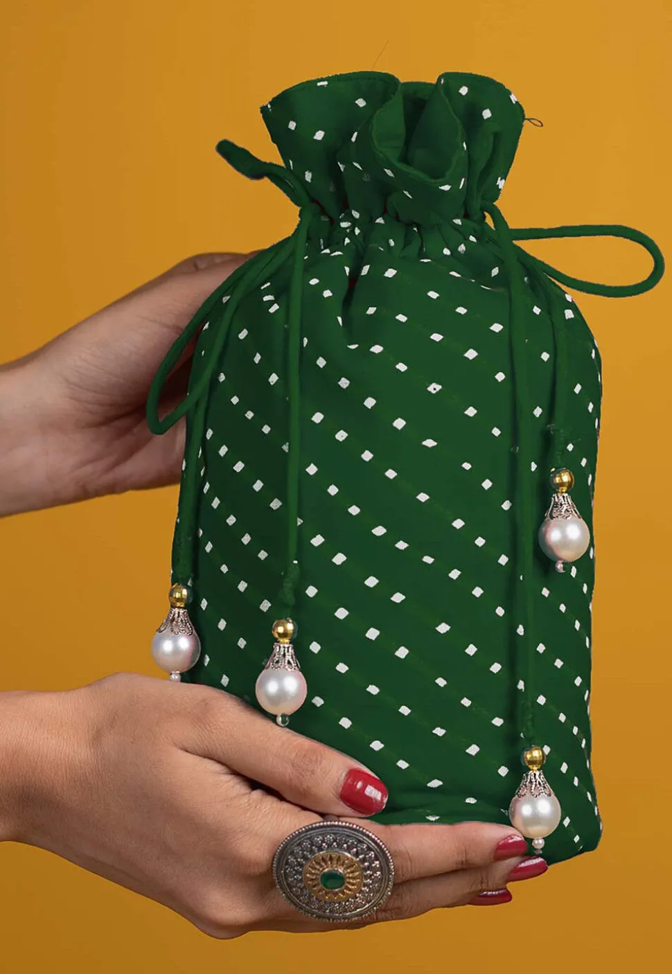 Leheriya Printed Georgette Potli Bag in Green