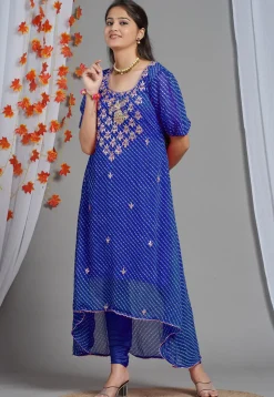 Leheriya Printed Georgette Asymmetric Kurta in Royal Blue