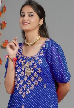 Leheriya Printed Georgette Asymmetric Kurta in Royal Blue