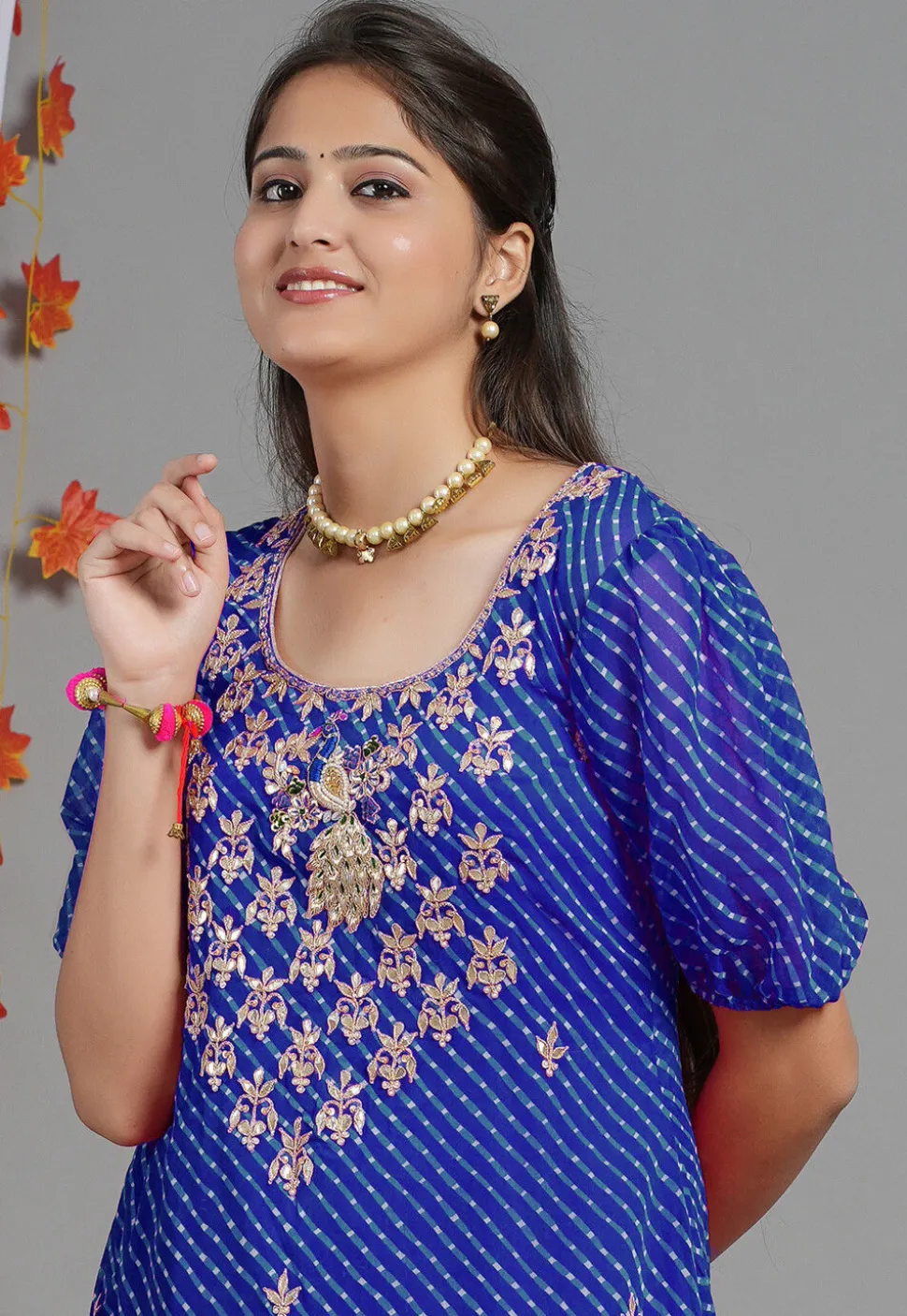 Leheriya Printed Georgette Asymmetric Kurta in Royal Blue