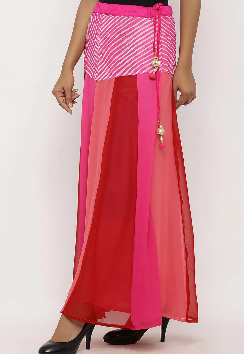 Leheriya Printed Georgette Panelled Skirt in Multicolor