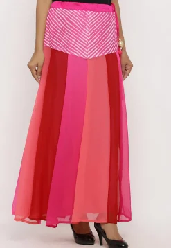 Leheriya Printed Georgette Panelled Skirt in Multicolor