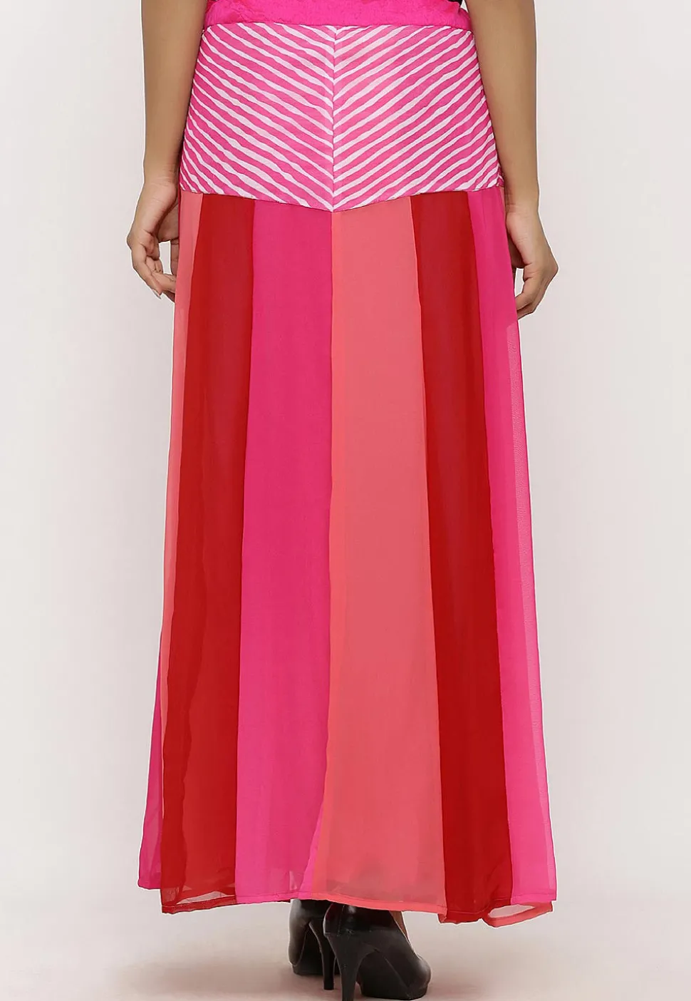 Leheriya Printed Georgette Panelled Skirt in Multicolor