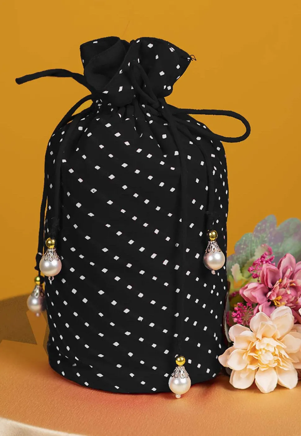 Leheriya Printed Georgette Potli Bag in Black