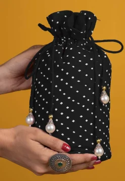 Leheriya Printed Georgette Potli Bag in Black