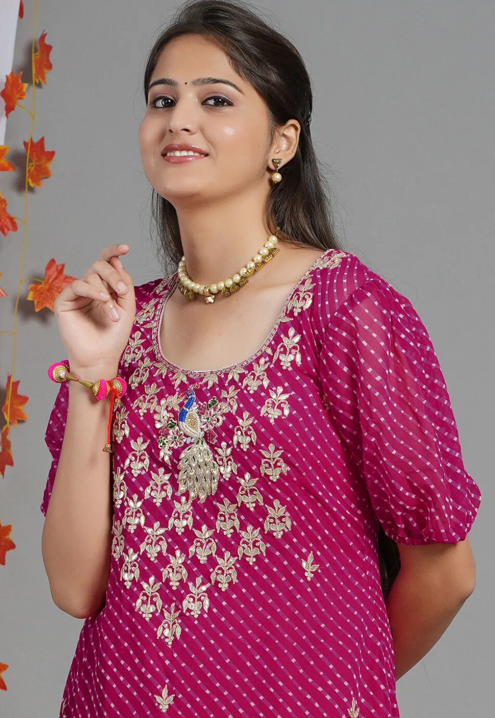 Leheriya Printed Georgette Asymmetric Kurta Set in Fuchsia