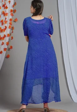 Leheriya Printed Georgette Asymmetric Kurta Set in Royal Blue