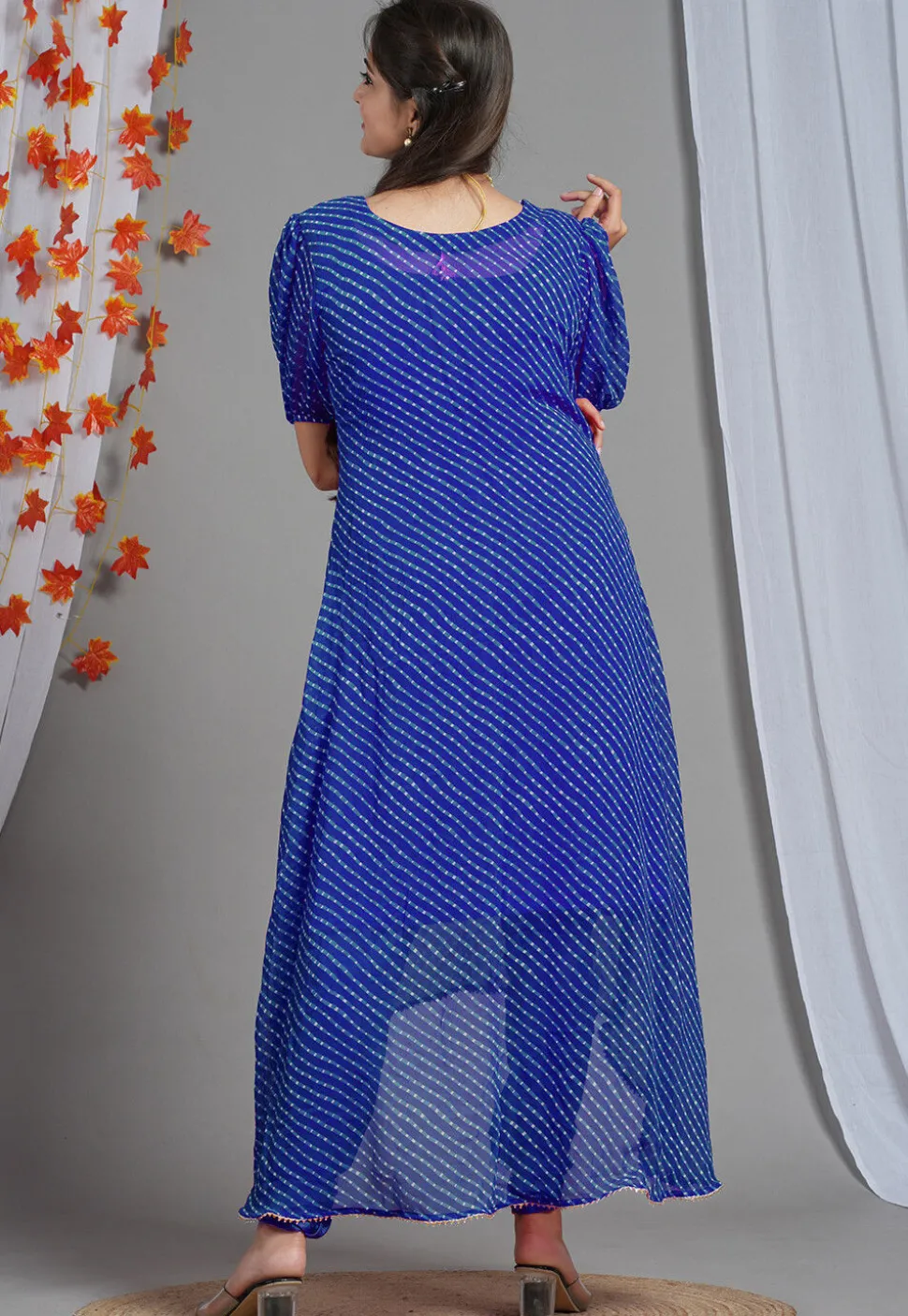 Leheriya Printed Georgette Asymmetric Kurta Set in Royal Blue
