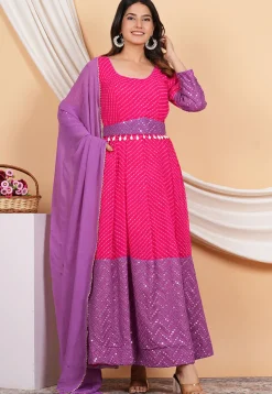 Leheriya Printed Georgette Anarkali Suit in Pink and Purple