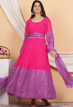 Leheriya Printed Georgette Anarkali Suit in Pink and Purple