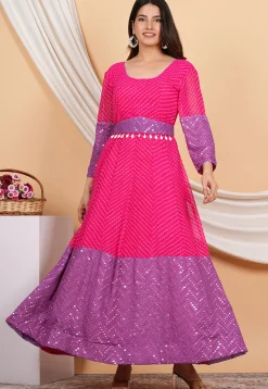 Leheriya Printed Georgette Anarkali Suit in Pink and Purple