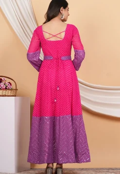 Leheriya Printed Georgette Anarkali Suit in Pink and Purple