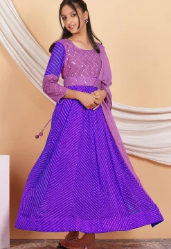 Leheriya Printed Georgette Abaya Style Suit in Purple