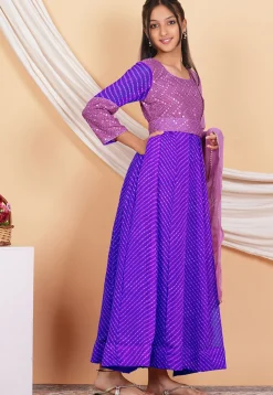 Leheriya Printed Georgette Abaya Style Suit in Purple